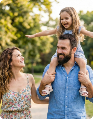 Happy family walking in the park with daughter on shoulders